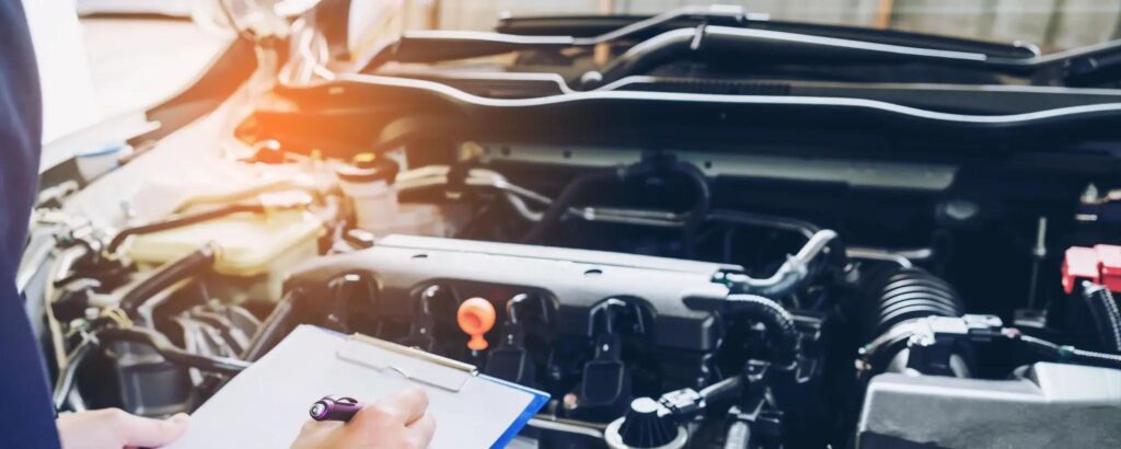 Mechanic inspecting a car engine with a clipboard